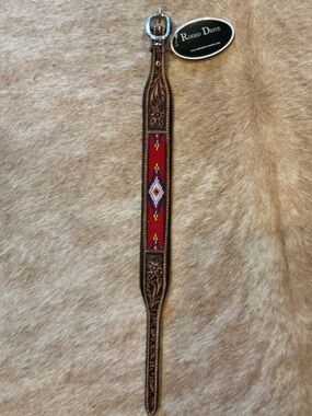 Brown Leather Dog Collar with Red Beaded Accent
